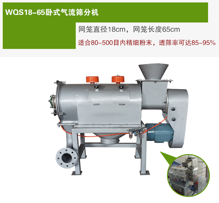WQS18-65臥式氣流篩分機(jī)網(wǎng)籠直徑為18cm，網(wǎng)籠長度為65cm